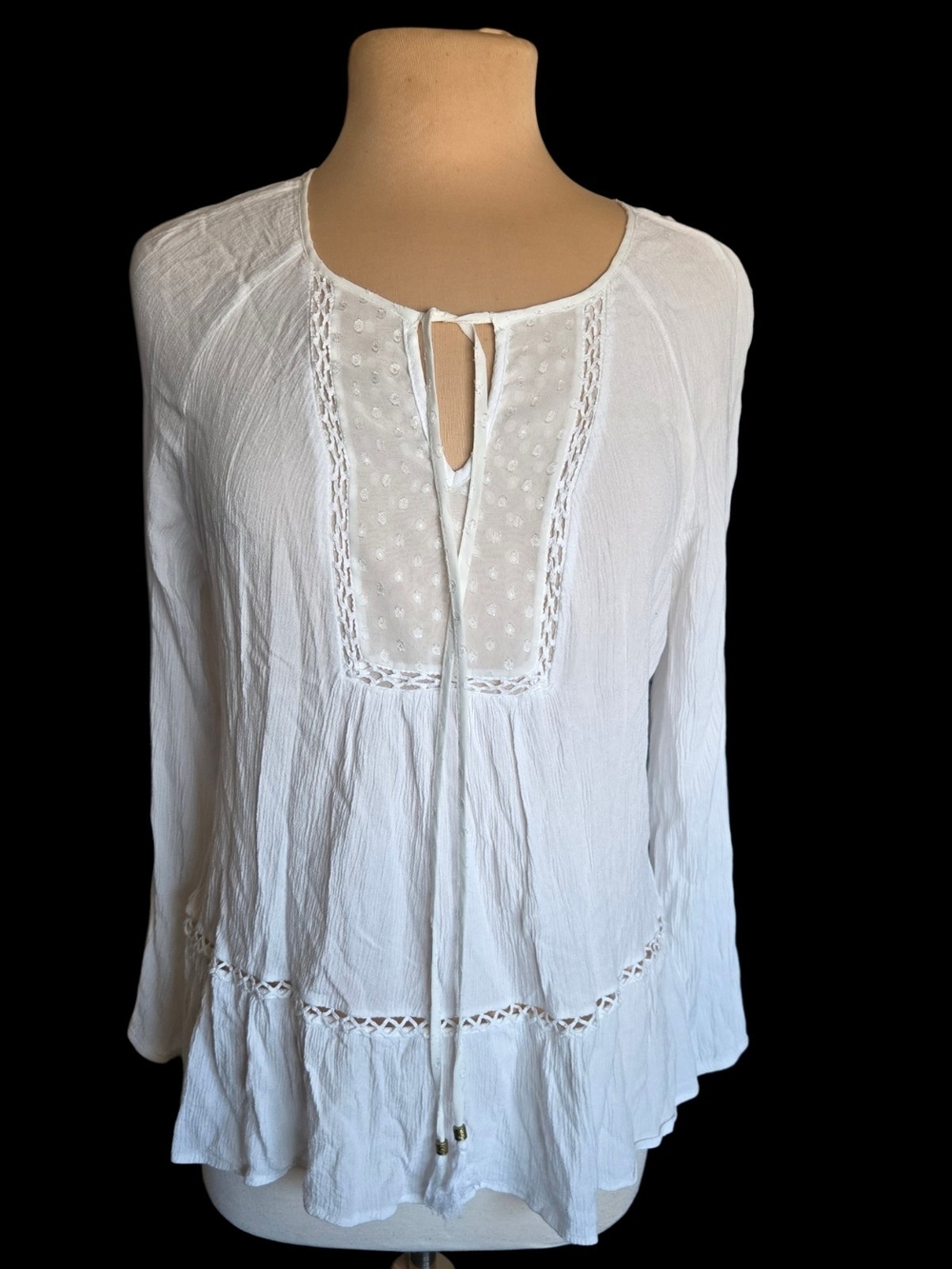 Black Rainn White Peasant Top with Tie-Neck and Crochet Insets Sz L